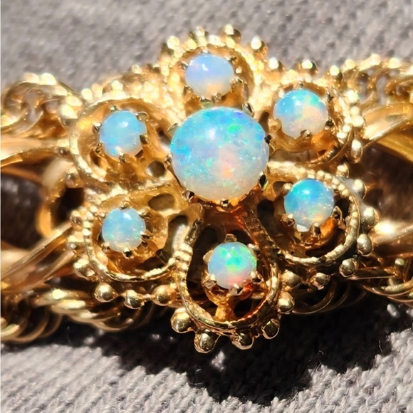 7.5" Victorian Revival 14K Gold Cameo Blue Iridescent Purple Floral Bracelet - Picture 10 of 12